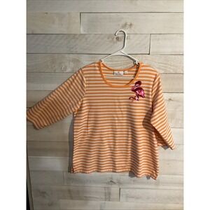 Quacker Factory 3/4 Sleeve Top Sequin Flamingo Orange White Strips Size L